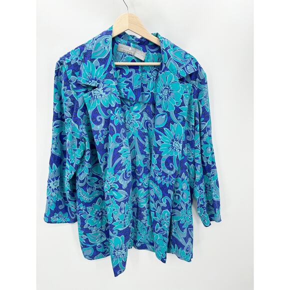 Liz Claiborne Dresses Sweater Women 14 Blue Floral Print Long Sleeve 100% Silk - Picture 1 of 7